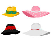 Summer beach hats illustration. Vector flat cartoon set of male and female headdresses isolated on white background.