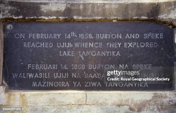 Plaque commemorating Burton and Speke's arrival at Ujiji exploration of Lake Tanganyika, Image taken from Christopher Ondaatje's book 'Journey to the...