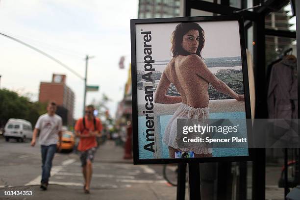 An advertisment for an American Apparel retail store is displayed on August 18, 2010 in New York City. Shares of American Apparel have fallen 67...
