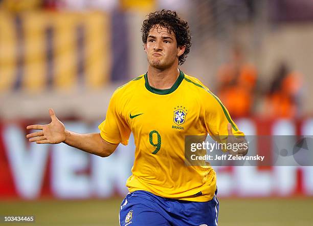 Alexandre Pato of Brazil celebrates a his goal against the U.S. In the first half of a friendly match at the New Meadowlands on August 10, 2010 in...