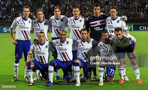The team of Genua lines up before the Uefa Champions League qualifying match between Werder Bremen and Sampdoria Genua at Weser Stadium on August 18,...