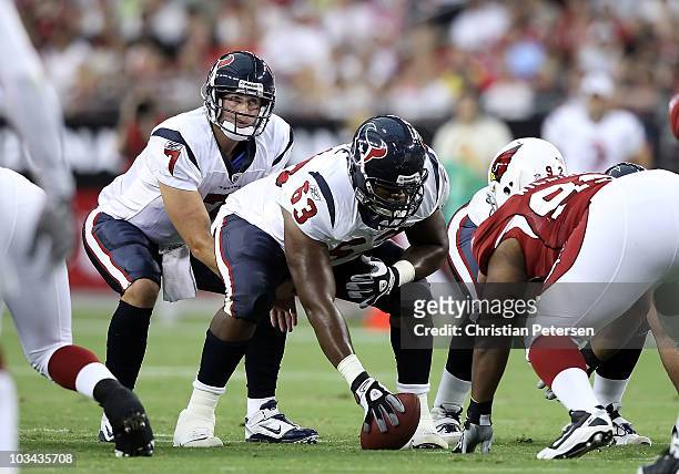Quarterback Dan Orlovsky of the Houston Texans snaps the ball during the preseason NFL game against the Arizona Cardinals at the University of...