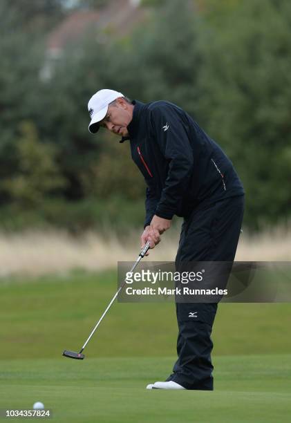 Gary Orr of Scotland putting at the 17th green during Day Three of the Scottish Senior Open at Craigielaw Golf Club on September 16, 2018 in...