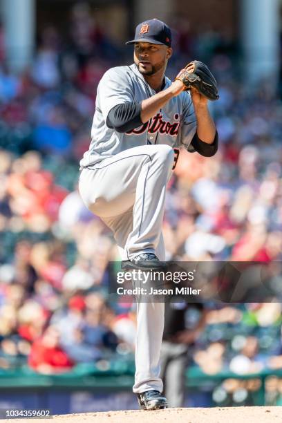 Starting pitcher Francisco Liriano of the Detroit Tigers pitches during the first inning against the Cleveland Indians at Progressive Field on...
