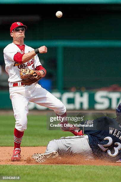 Brendan Ryan of the St. Louis Cardinals turns a double play over Rickie Weeks of the Milwaukee Brewers at Busch Stadium on August 18, 2010 in St....