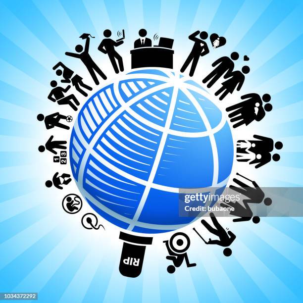 blue globe wireframe on human life cycle background - wireframe globe stock illustrations