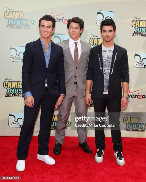 Musicians Kevin Jonas, Nick Jonas, and Joe Jonas attend the premiere of "Camp Rock 2: The Final Jam" at Alice Tully Hall, Lincoln Center on August...