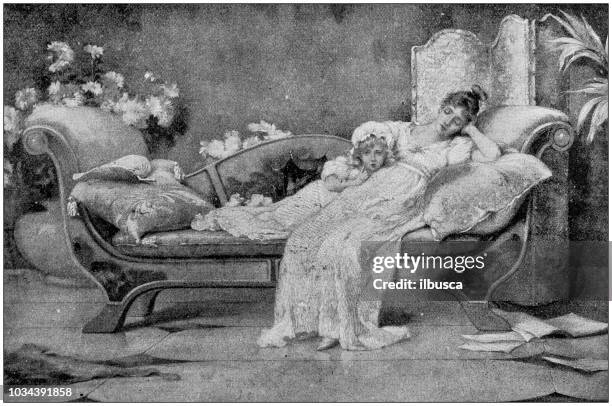antique painting illustration: tired mother - baby girls stock illustrations