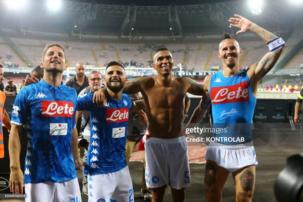 From L to R: Napoli's striker from Belgium Dries Mertens,...