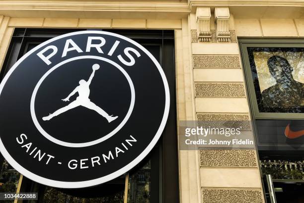 Illustration Nike Store with the big logo of PSG x Air Jordan during the Visit Store Paris Saint Germain at Avenue des Champs-Elysees on September...