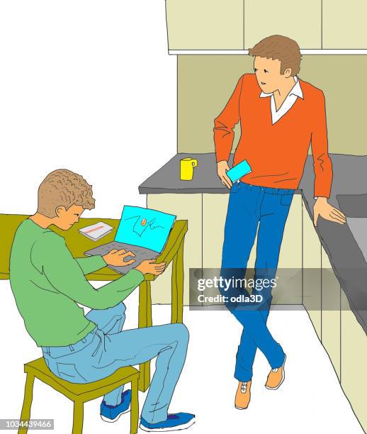 talking in the kitchen about work - working at kitchen table stock illustrations