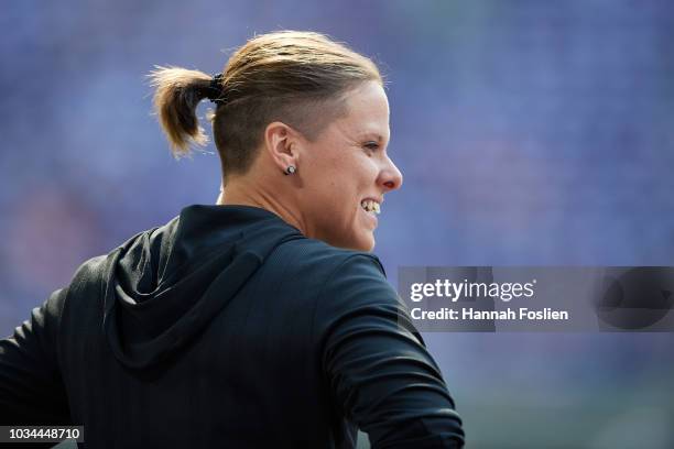 Offensive Assistant coach Katie Sowers of the San Francisco 49ers looks on before the game against the Minnesota Vikings on September 9, 2018 at U.S....