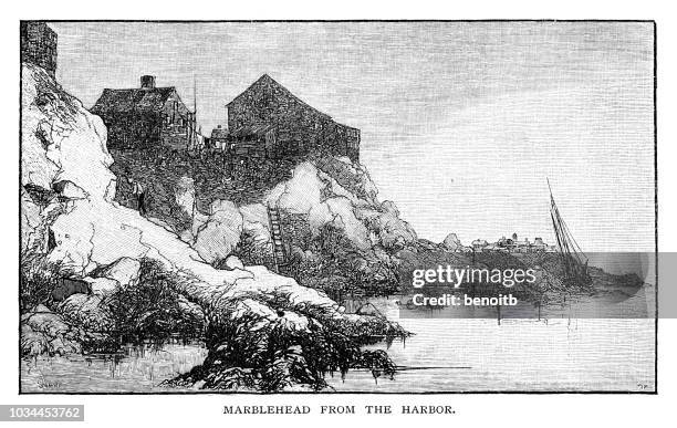 marblehead from the harbor - marblehead stock illustrations
