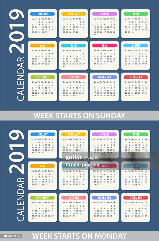 Monday Week 9 Calendar 2019 Illustration Week Starts On Sunday And Week Starts On ...