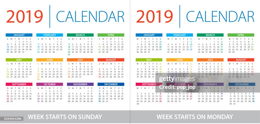 Monday Week 9 Calendar 2019 Illustration Week Starts On Sunday And Week Starts On ...