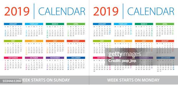 calendar 2019 - illustration. week starts on sunday and week starts on monday - november 2019 calendar stock illustrations