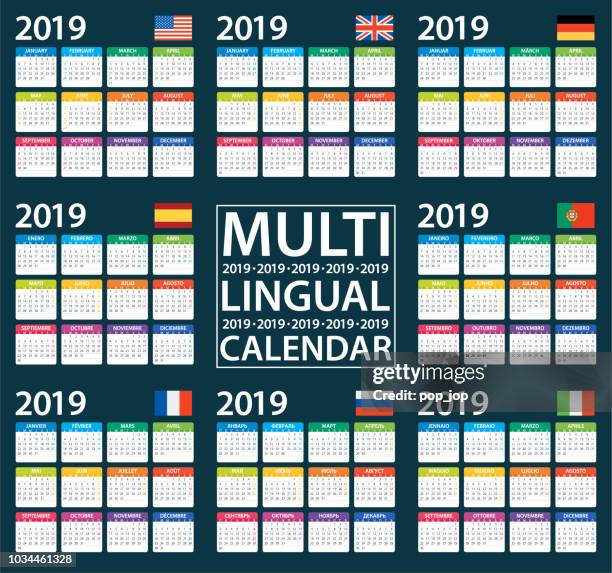 calendar 2019 - multilingual set - english european, english american, spanish, german, portuguese, french, italian and russian versions - november 2019 calendar stock illustrations