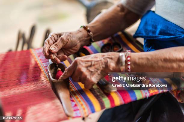 local woman diligently working at a loom, weaving colourful brocade fabric in lac village, mai chau valley, vietnam. - mani fili foto e immagini stock