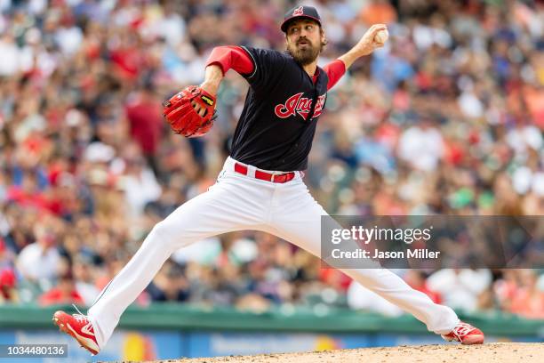 Relief pitcher Andrew Miller of the Cleveland Indians pitches during the seventh inning against the Detroit Tigers at Progressive Field on September...