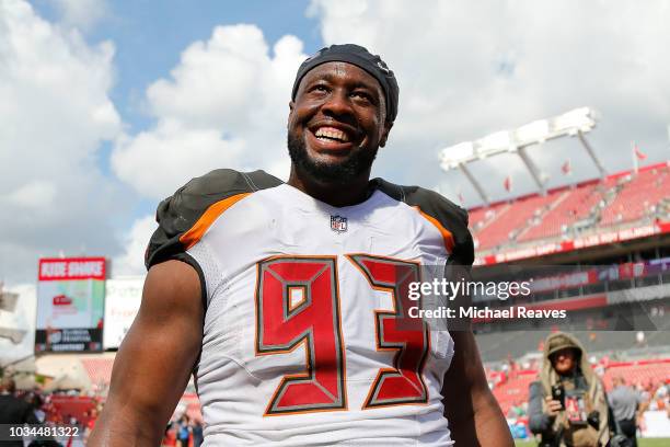 Gerald McCoy of the Tampa Bay Buccaneers reacts after they defeated the Philadelphia Eagles 27-21 at Raymond James Stadium on September 16, 2018 in...