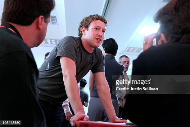 Facebook founder and CEO Mark Zuckerberg talks with reporters after speaking at a news conference at Facebook headquarters August 18, 2010 in Palo...