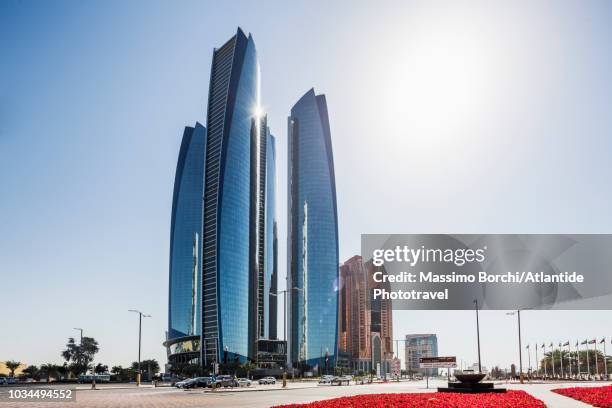 view near the etihad towers - abu dhabi building stock pictures, royalty-free photos & images