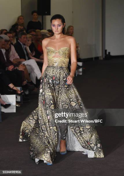 Model walks the runway at the Kolchagov Barba show during London Fashion Week September 2018 at The BFC Show Space on September 16, 2018 in London,...