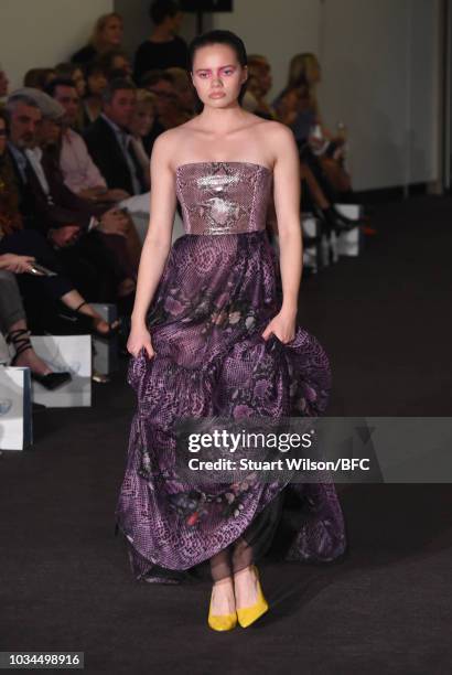 Model walks the runway at the Kolchagov Barba show during London Fashion Week September 2018 at The BFC Show Space on September 16, 2018 in London,...