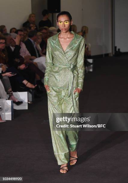 Model walks the runway at the Kolchagov Barba show during London Fashion Week September 2018 at The BFC Show Space on September 16, 2018 in London,...