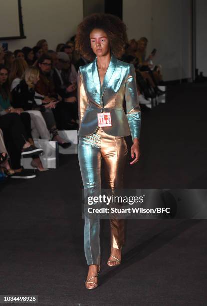 Model walks the runway at the Kolchagov Barba show during London Fashion Week September 2018 at The BFC Show Space on September 16, 2018 in London,...