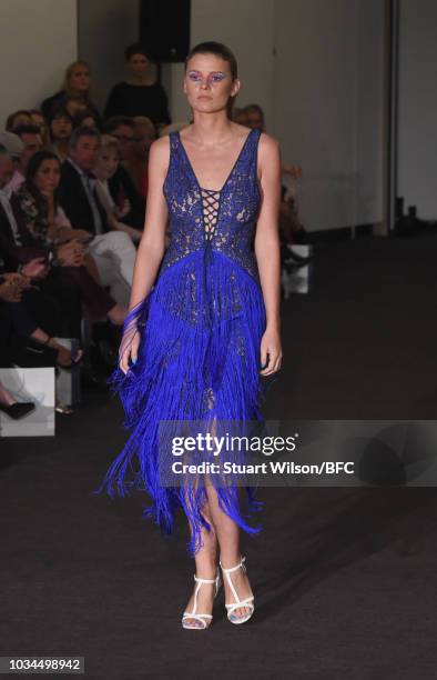 Model walks the runway at the Kolchagov Barba show during London Fashion Week September 2018 at The BFC Show Space on September 16, 2018 in London,...