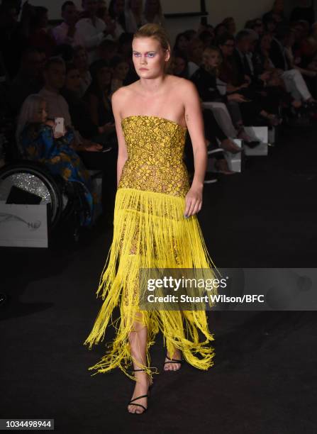 Model walks the runway at the Kolchagov Barba show during London Fashion Week September 2018 at The BFC Show Space on September 16, 2018 in London,...