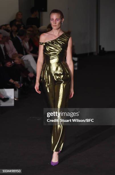 Model walks the runway at the Kolchagov Barba show during London Fashion Week September 2018 at The BFC Show Space on September 16, 2018 in London,...