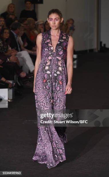 Model walks the runway at the Kolchagov Barba show during London Fashion Week September 2018 at The BFC Show Space on September 16, 2018 in London,...