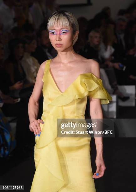 Model walks the runway at the Kolchagov Barba show during London Fashion Week September 2018 at The BFC Show Space on September 16, 2018 in London,...