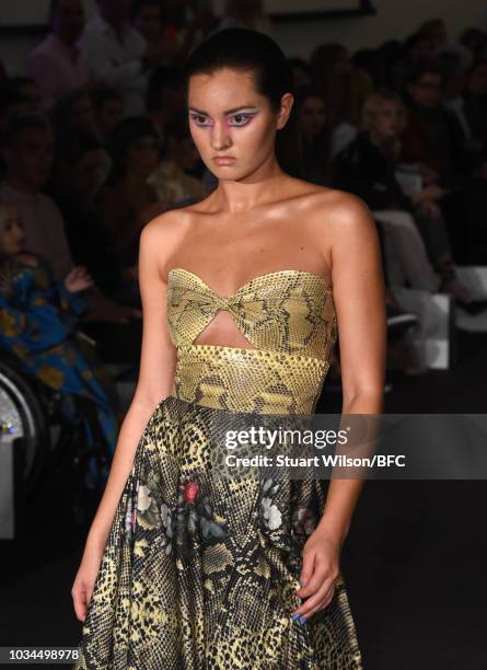 Model walks the runway at the Kolchagov Barba show during London Fashion Week September 2018 at The BFC Show Space on September 16, 2018 in London,...