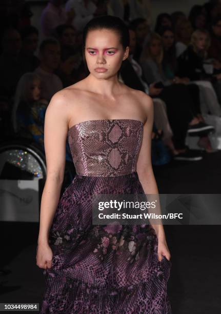 Model walks the runway at the Kolchagov Barba show during London Fashion Week September 2018 at The BFC Show Space on September 16, 2018 in London,...