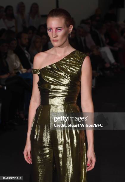 Model walks the runway at the Kolchagov Barba show during London Fashion Week September 2018 at The BFC Show Space on September 16, 2018 in London,...