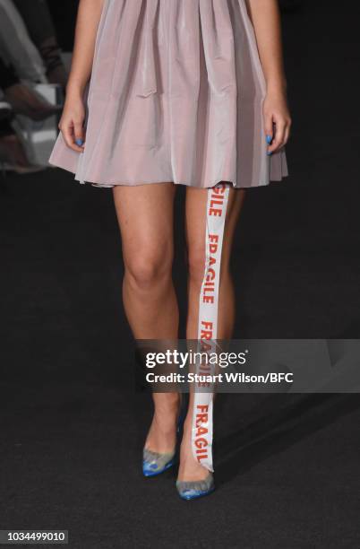 Model walks the runway at the Kolchagov Barba show during London Fashion Week September 2018 at The BFC Show Space on September 16, 2018 in London,...