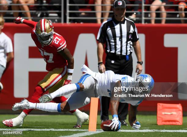 Kenny Golladay of the Detroit Lions dives for a touchdown against the San Francisco 49ers during the first quarter of their NFL football game at...