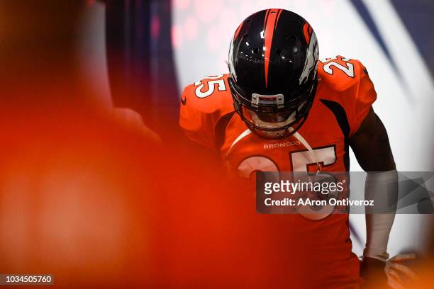 Chris Harris of the Denver Broncos prepares to take the field against the Oakland Raiders before the first quarter on Sunday, September 16, 2017. The...