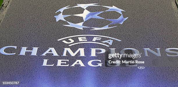 The Champions League logo is pictured before the Uefa Champions League qualifying match between Werder Bremen and Sampdoria Genua at Weser Stadium on...