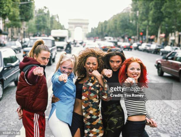 English pop group The Spice Girls, Paris, September 1996. Left to right: Melanie Chisholm, Emma Bunton, Melanie Brown, Victoria Beckham and Geri...