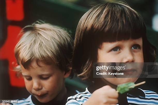 Crown Prince Frederik of Denmark and his brother Prince Joachim on board the Royal yacht 'Dannebrog' on a visit to the Baltic island of Bornholm on...