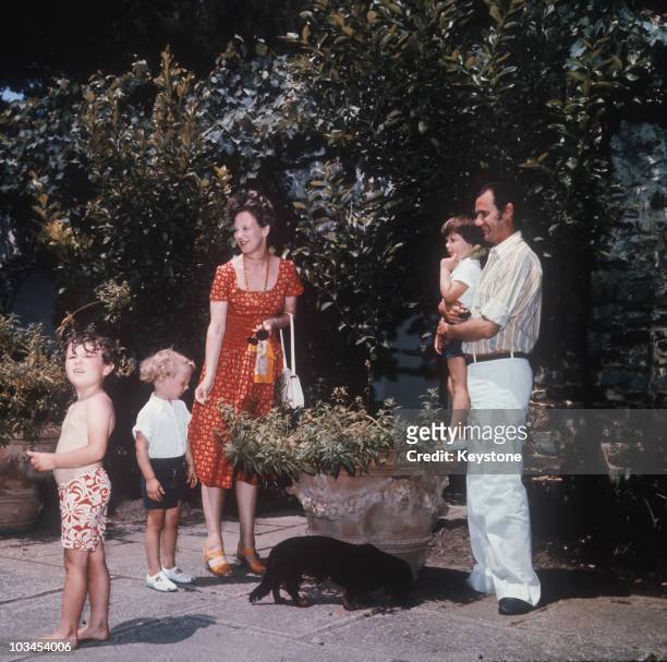 Princess Margrethe of Denmark and her husband Prince Henrik on holiday in France with their children Princes Frederik and Joachim circa 1972.