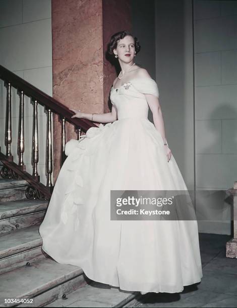 Princess Margrethe of Denmark poses on her 18th birthday on April 16, 1959.