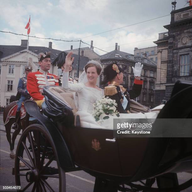Princess Margrethe with her father King Frederik IX of Denmark before her wedding with Henri Marie Jean Andre, Count of Laborde de Monpezat at...