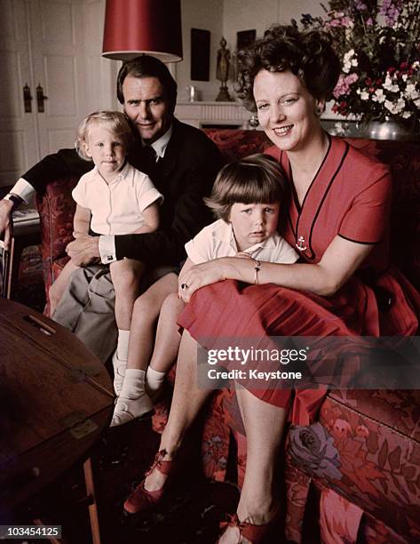 Queen Margrethe of Denmark with her husband Prince Henrik and their sons Joachim and Frederik at Marselisborg Palace in Aarhus in 1972.