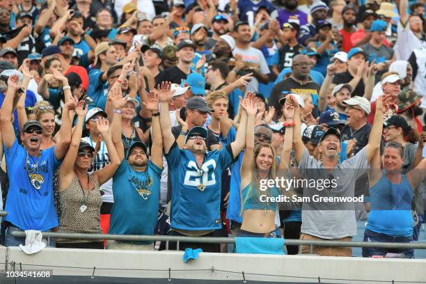 Jacksonville Jaguars fans celebrate during the second half against the New England Patriots at TIAA Bank Field on September 16, 2018 in Jacksonville,...