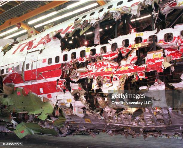 The wreckage of the Boeing 747, from TWA Flight 800, on which the center fuel tank ruptured, killing 230 people, off Long Island is shown on July 8,...